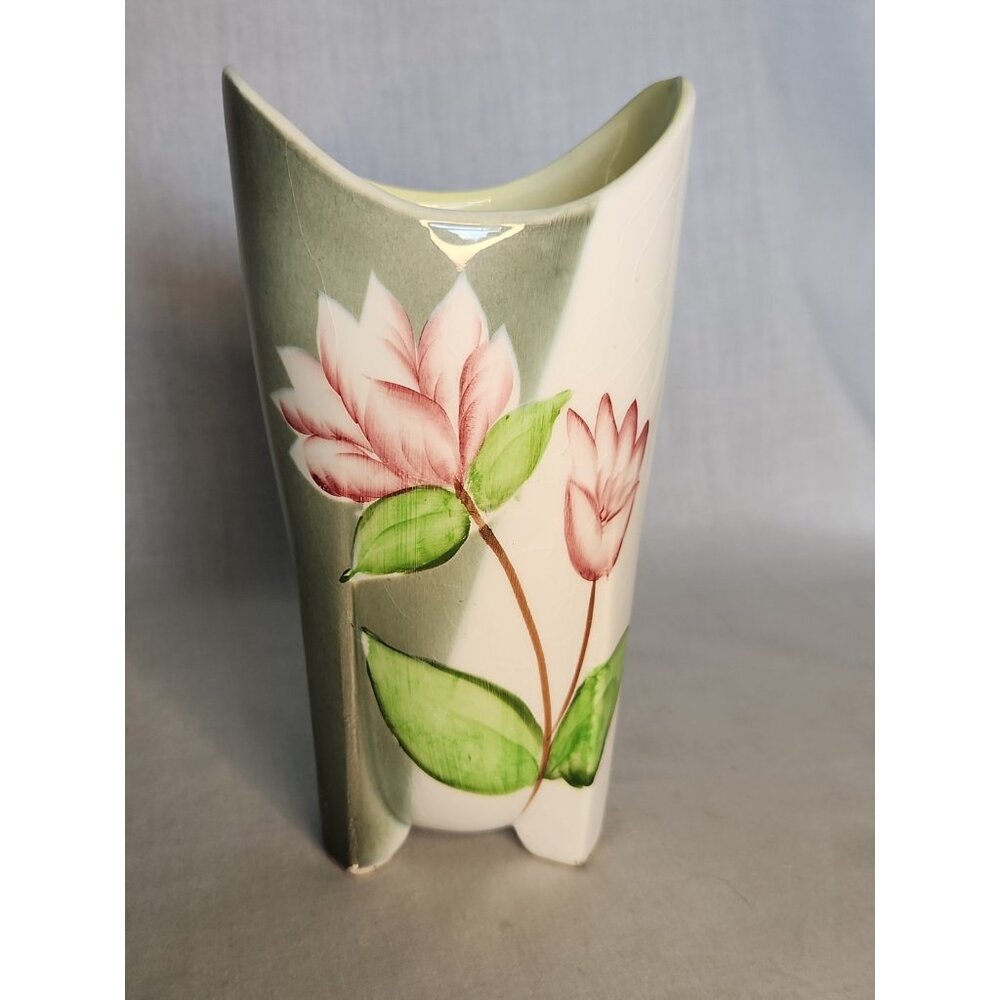 Vintage Asian Footed Oval Vase Olive Green Cream With Pink Flowers